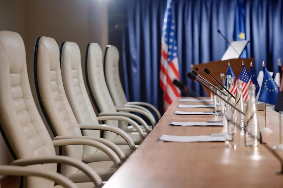 An organized conference room setup prepared after professional government cleaning services.