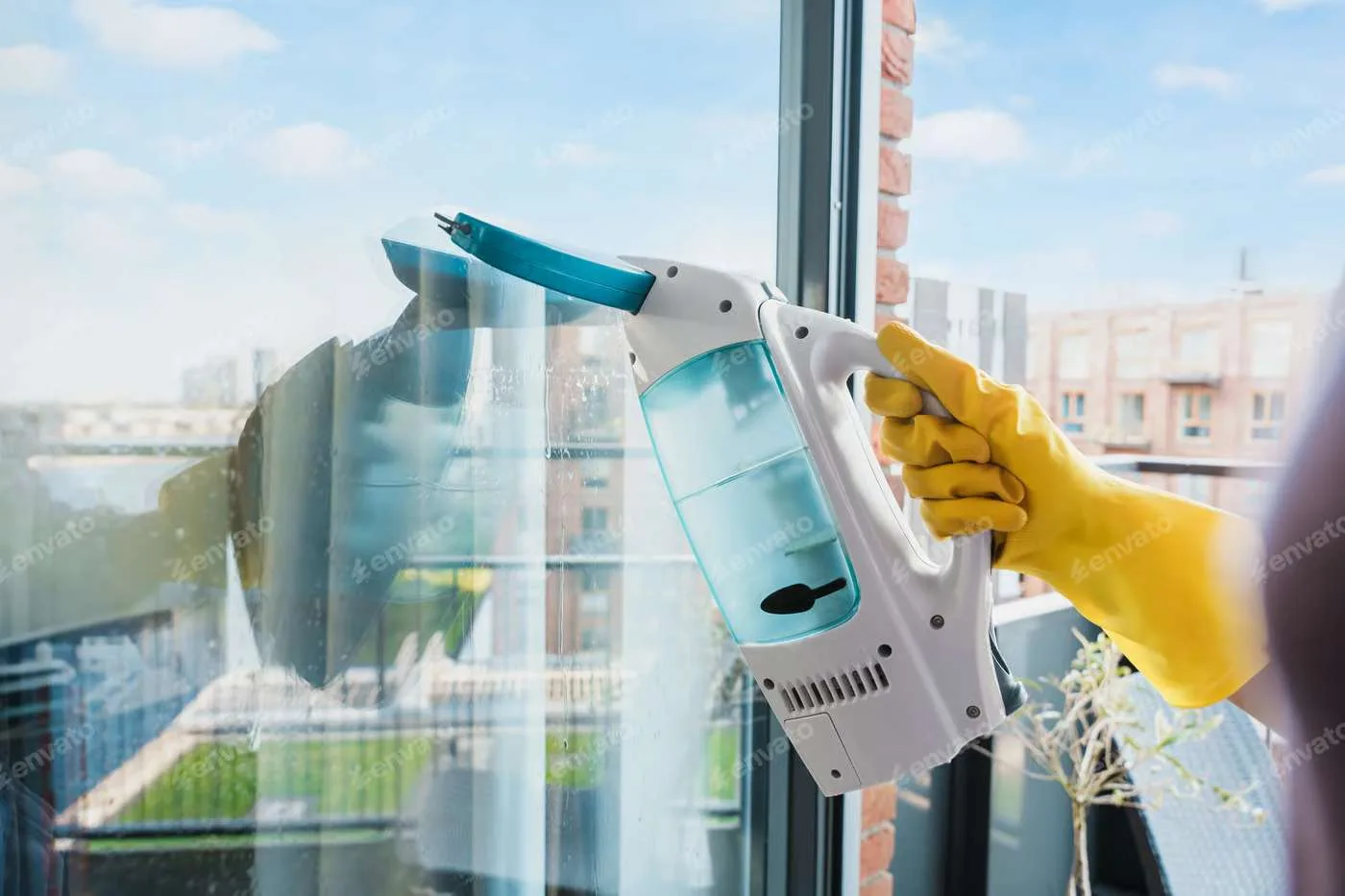 Person with yellow gloves cleaning a glass window as part of the government cleaning services.