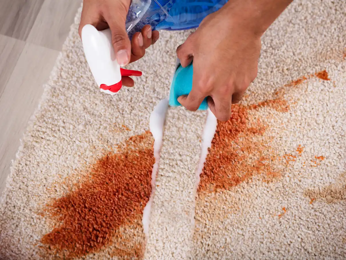 A close-up of a cleaner wiping off a carpet stain